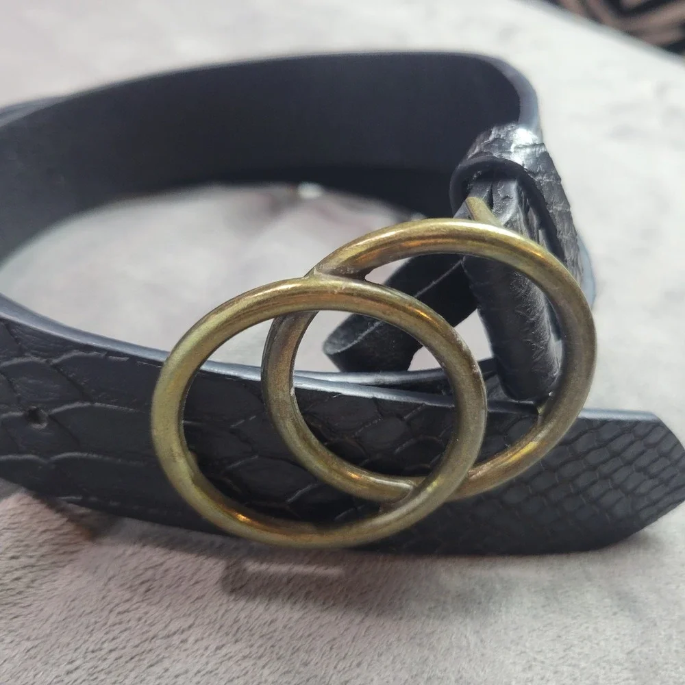 Black Snakeskin Embossed Belt Antique‎ Brass Double O-Ring Buckle Faux Leather